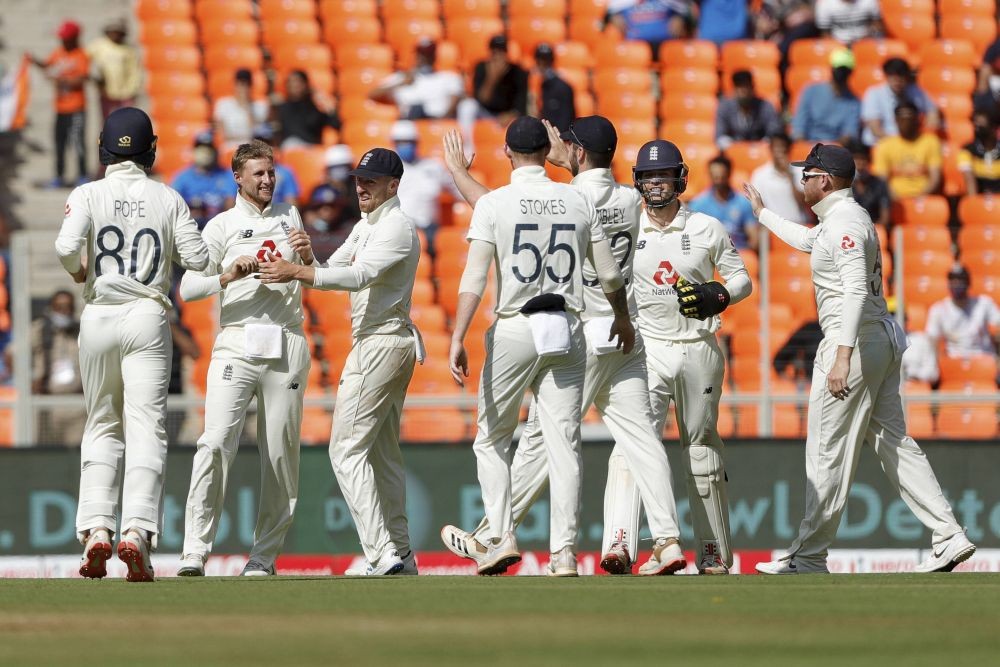 Ahmedabad: England skipper J Root with teammates celebrates after taking a wicket on the second day of the 3rd cricket test match between India and England, at Narendra Modi Stadium in Ahmedabad, Thursday, Feb. 25, 2021. (PTI Photo)