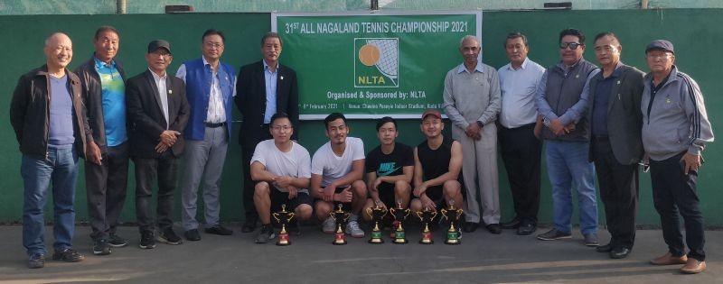 NLTA officials, Guest of Honor Col (Rtd) Mridul Barkakoti, and winners of the two categories in the 31st All Nagaland Tennis Championship on February 6.
