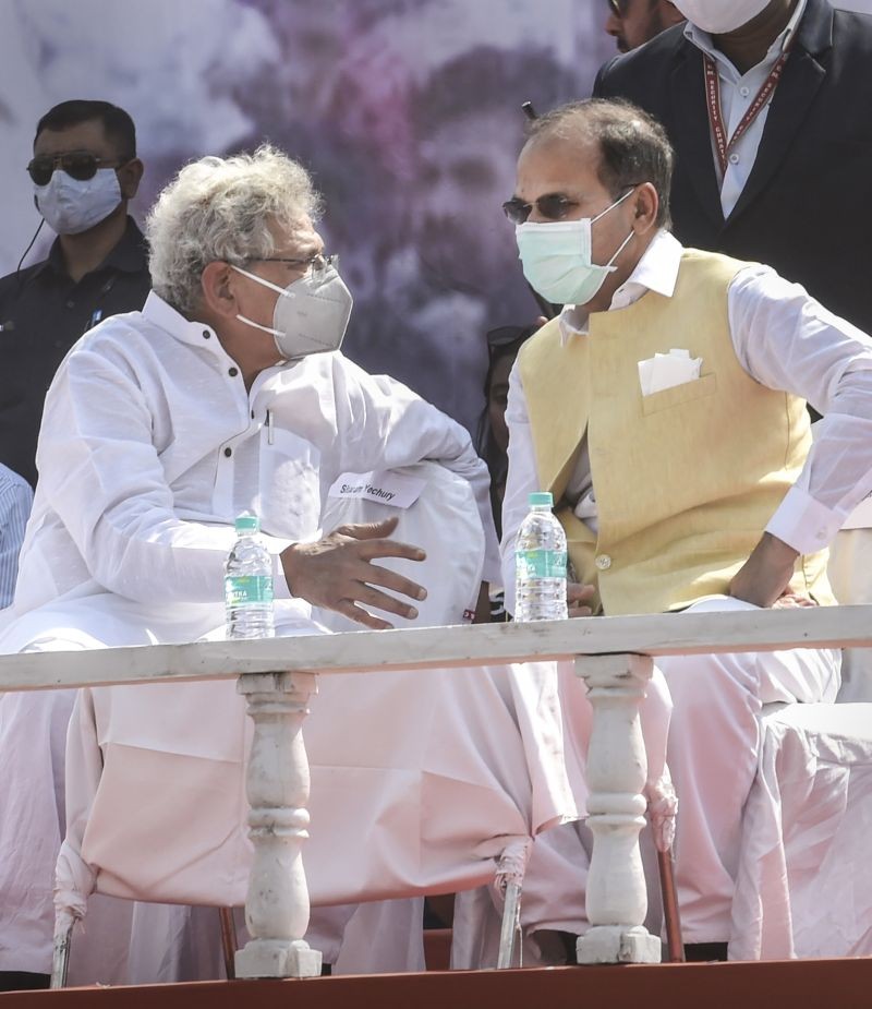General Secretary of the Communist Party of India (Marxist) Sitaram Yechury and Congress State President Adhir Ranjan Chowdhury during Left-Congress and Indian Secular Front (ISF) joint rally, ahead of West Bengal assembly polls, in Kolkata on February 28, 2021. (PTI Photo)