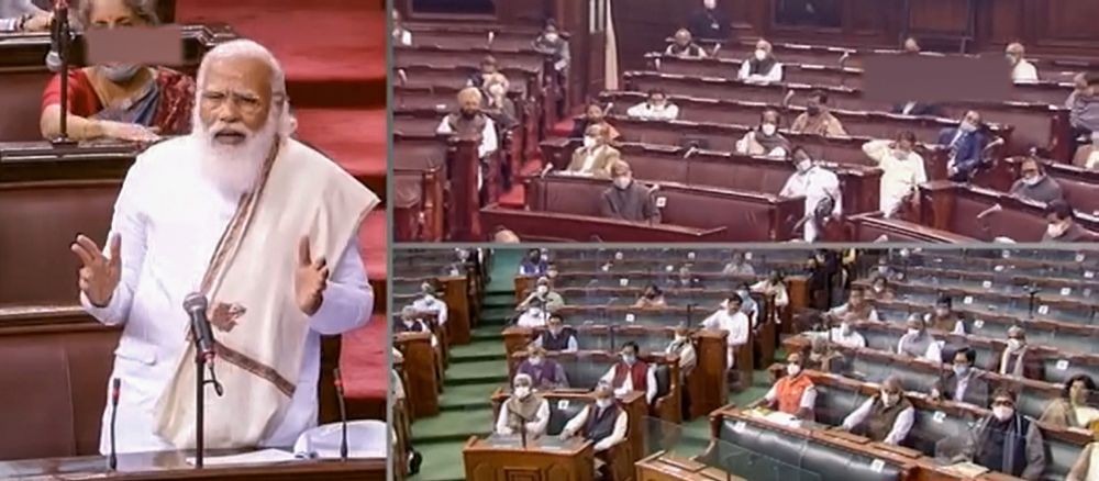 New Delhi: Prime Minister Narendra Modi speaks in the Rajya Sabha during ongoing Budget Session of Parliament, in New Delhi, Monday, Feb. 8, 2021. (RSTV/PTI Photo)