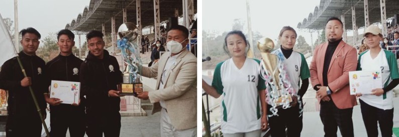 (Right) Roko Angami and (Left) Kekhrie Pfikha hand over prizes to the football champion team and volleyball champion team respectively at IG Stadium on February 20. (Morung Photo)