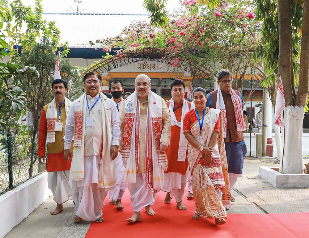  Nagaon: Union Home Minister Amit Shah arrives at Batadrava Than, the birthplace of Srimanta Sankardev, in Nagaon District of Assam. (PTI Photo)