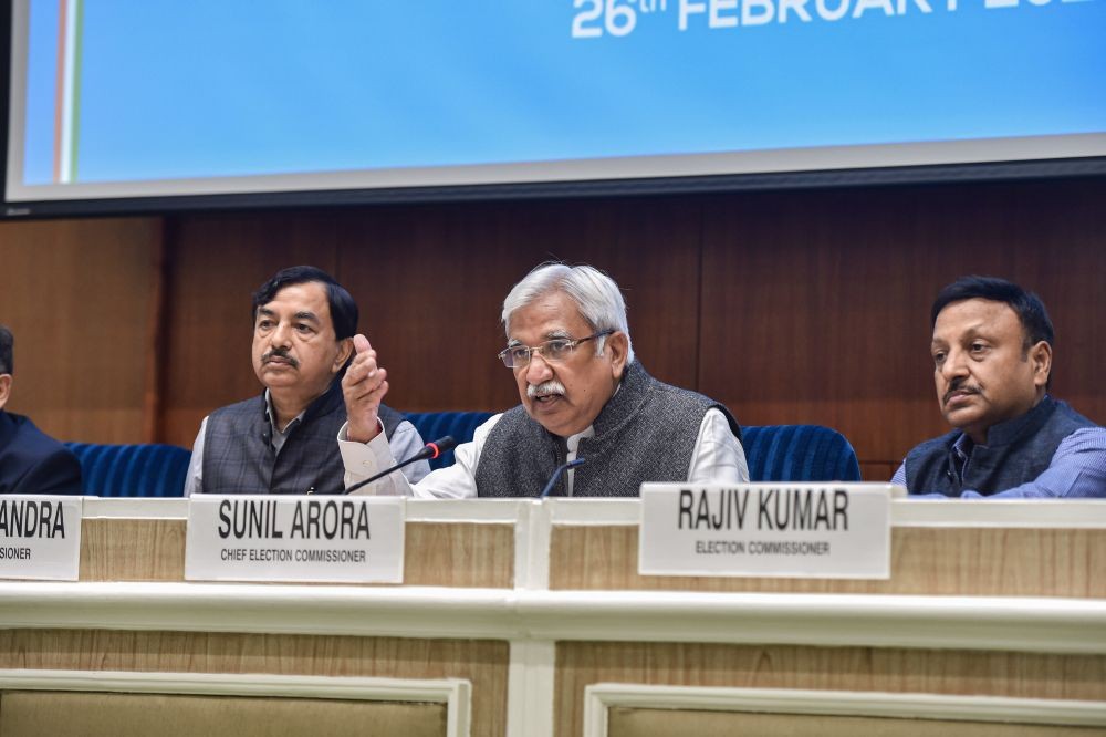 New Delhi: Chief Election Commissioner Sunil Arora (C) with Election Commissioners Sushil Chandra (L) and Rajiv Kumar addresses a press conference in New Delhi, Friday, Feb. 26, 2021. (PTI Photo/Manvender Vashist)