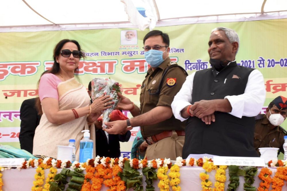 Mathura: Bollywood actress-turned BJP MP Hemamalini during an awareness programme on road safety, in Mathura, Monday, Feb 15, 2021. (PTI Photo) 