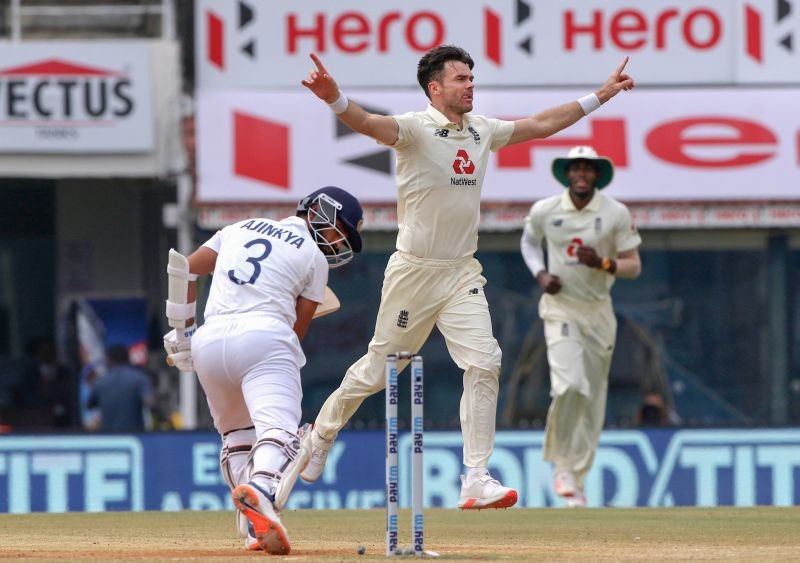 England's fast bowler James Anderson celebrates the wicket of India's Ajinkya Rahane during the 5th and final day of first cricket test match between India and England, at MA Chidambaram Stadium, in Chennai, Tueday, Feb. 9, 2021. (BCCI/PTI Photo)
