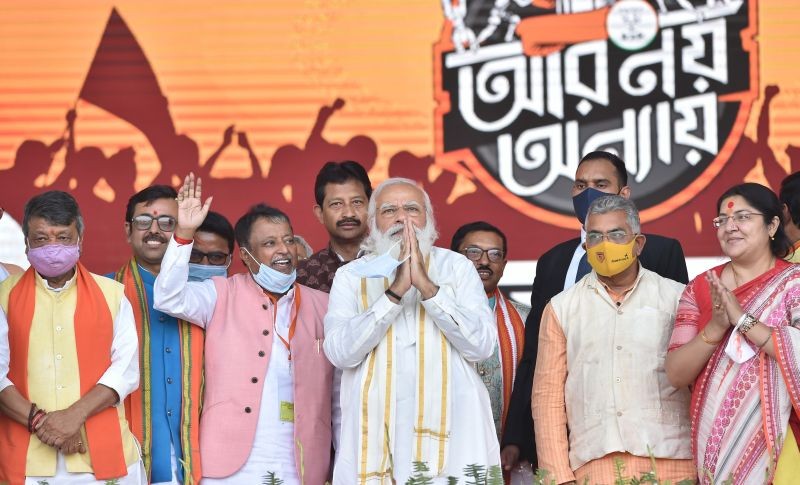 Prime Minister Narendra Modi during a public meeting ahead of the state assembly election, at at Chuchura Dunlop Ground  in Hooghly district on February 22, 2021. (PTI Photo)