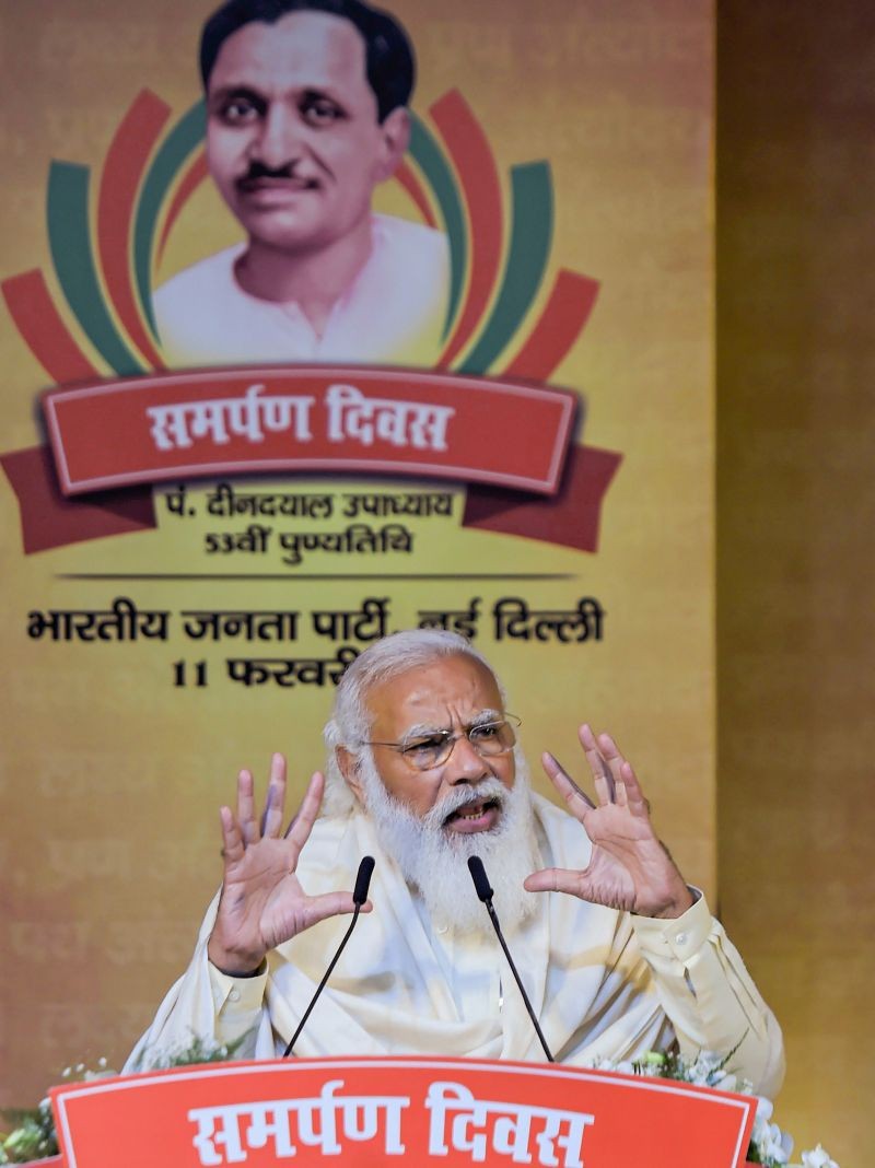 Prime Minister Narendra Modi speaks during 'Samarpan Diwas' event, organised to pay homage to former Bharatiya Jana Sangh leader Pandit Deendayal Upadhyaya on his 53rd death anniversary, in New Delhi on February 11, 2021. (PTI Photo)