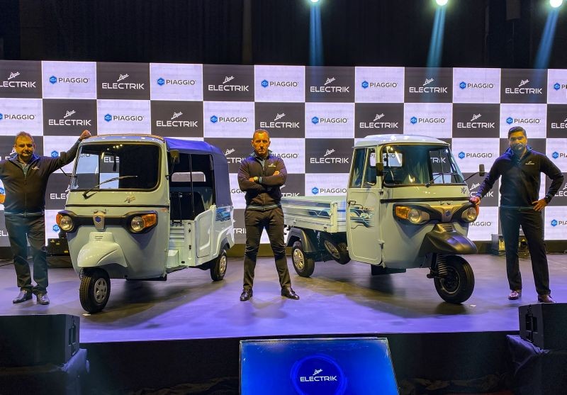 (L-R) Malind Kapur, Senior Vice President, Marketing, Product Marketing, Channel & Business Development, Piaggio Vehicles, Diego Graffi, Chairman & MD Piaggio Vehicles Pvt. Ltd. and Saju Nair, EVP and Head of Commercial Vehicle Business, Piaggio India Pvt Ltd during the launch of FX Electric Range, in Mumbai on February 23, 2021. (PTI Photo)