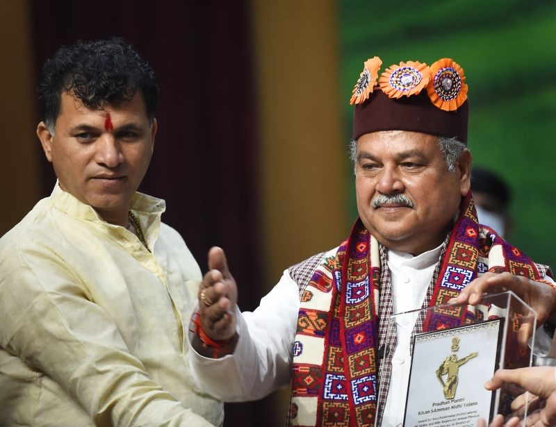 Union Minister of Agricultural and Farmers Welfare Narendra Singh Tomar (R) and MoS Agriculture Kailash Choudhary during a function of the 2nd anniversary of 'Pradhan Mantri  Kisan Samman Nidhi Scheme', in New Delhi on February 24, 2021.(PTI Photo)
