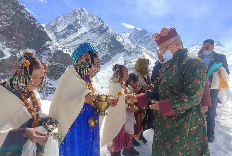 Lahaul-Spiti: Women traditionally welcome Anil Khachi, Chief Secretary of Himachal Pradesh during the snow festival, at Khangsar village in Lahaul-Spiti, Saturday, Feb. 20, 2021. (PTI Photo)
