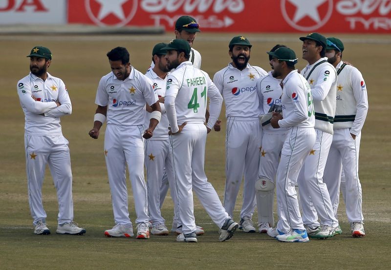 Rawalpindi: Pakistan's Hasan Ali, second left, and teammates react after third umpire given LBW out to South Africa's Faf du Plessis during the fifth day of the second cricket test match between Pakistan and South Africa at the Pindi Stadium in Rawalpindi, Pakistan, Monday, Feb. 8, 2021. AP/PTI