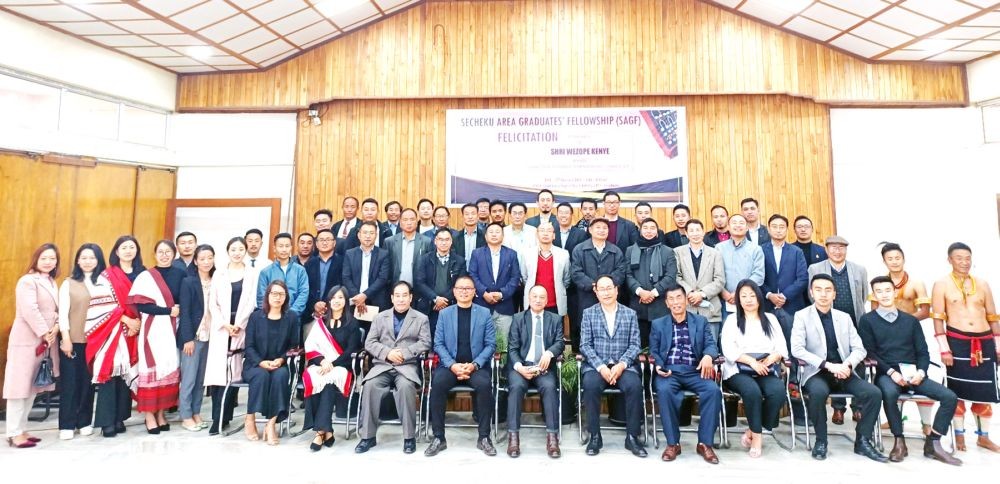 SAGF officials and others with Wezope Kenye during felicitation programme in Kohima on February 27
