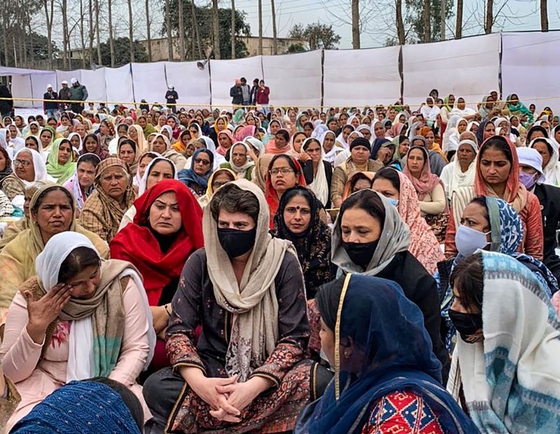 Rampur: Congress General Secretary Priyanka Gandhi Vadra during her visit to family members of Navreet Singh, who died during the farmers rally on Republic Day, in Rampur district,  Thursday, Feb. 4, 2021. (PTI Photo)