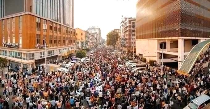 Myanmar protestors flood streets in Mandalay despite army crack down. (IANS Photo)