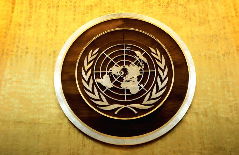 Plaque bearing the United Nations above the podium of the General Assembly Hall. (IANS File Photo)