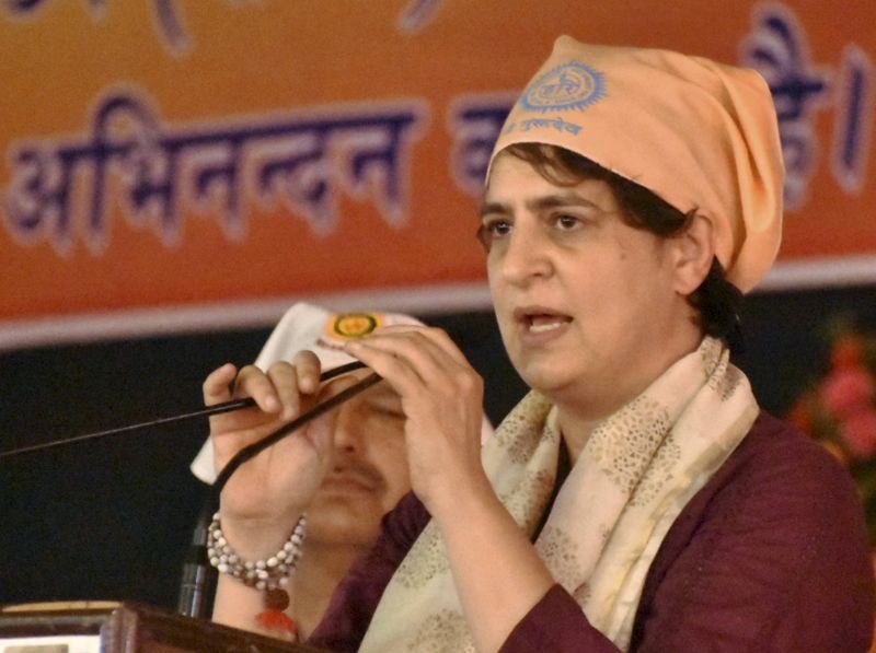 Congress leader Priyanka Gandhi speaks on the occasion of Ravidas Jayanti, at Sant Ravidas temple in Varanasi on February 27, 2021. (PTI Photo)