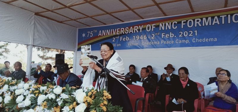 NNC President, Adinno Phizo releasing the NNC’s 75th anniversary souvenir on February 2. (Morung Photo)