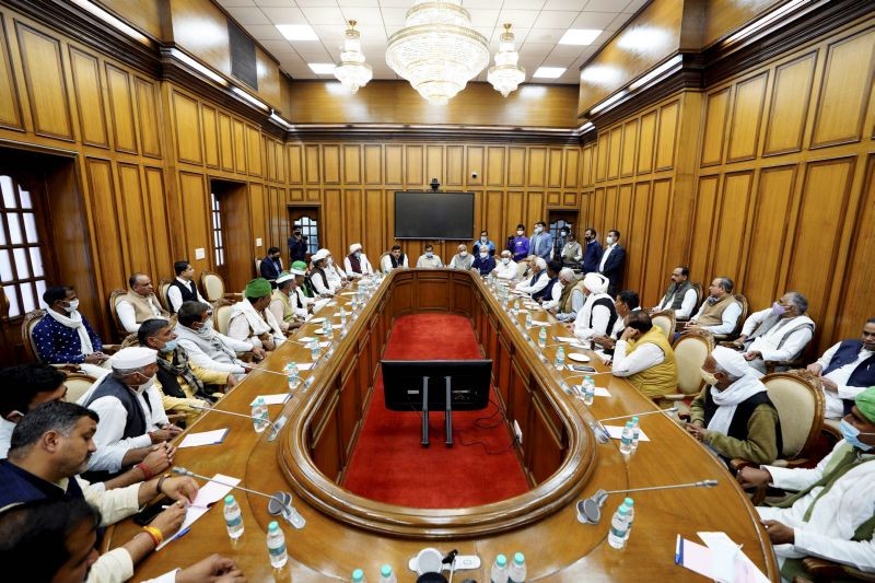 Delhi Chief Minister Arvind Kejriwal during a meeting with UP farmer representatives, regarding the three agri-laws, in New Delhi on February 21, 2021. (PTI Photo)