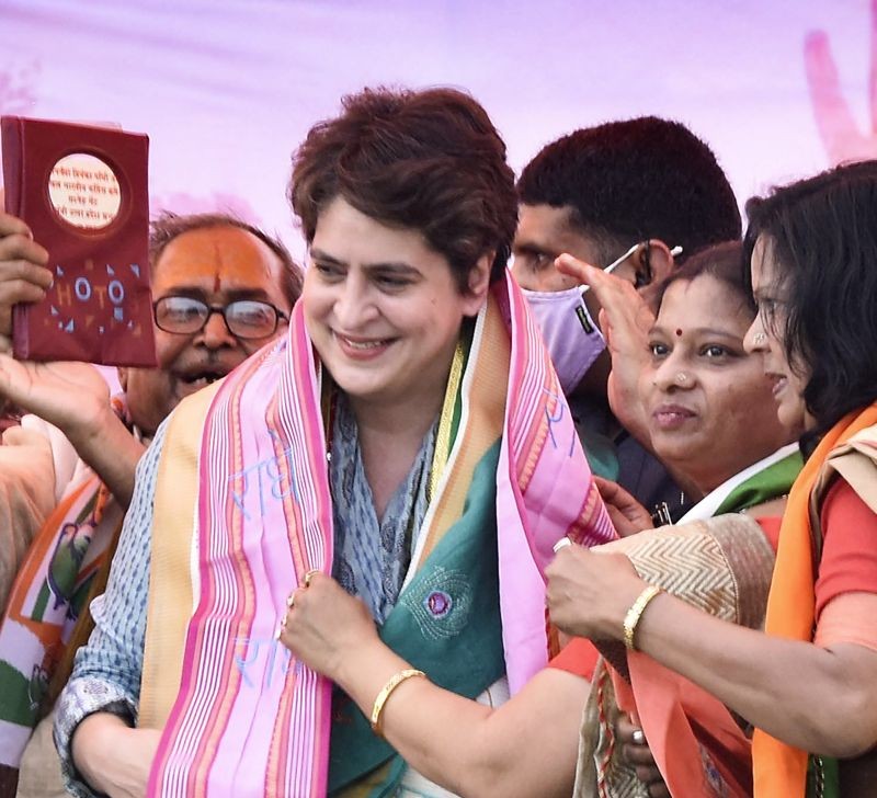 Mathura: Congress leader Priyanka Gandhi being felicitated during a 'Kisan Mahapanchayat' on the ongoing farmers' agitation against the three agri-laws, in Mathura, Tuesday, Feb. 23, 2021. (PTI Photo)