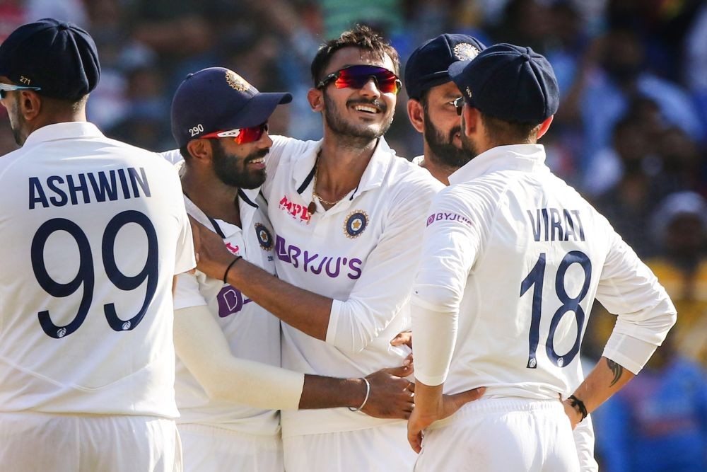 Ahmedabad: Indian cricket team player Akshar Patel celebrates along with others after taking the wicket of England cricket team player Zak Crawley during a test match, in Ahmedabad. (PTI Photo)