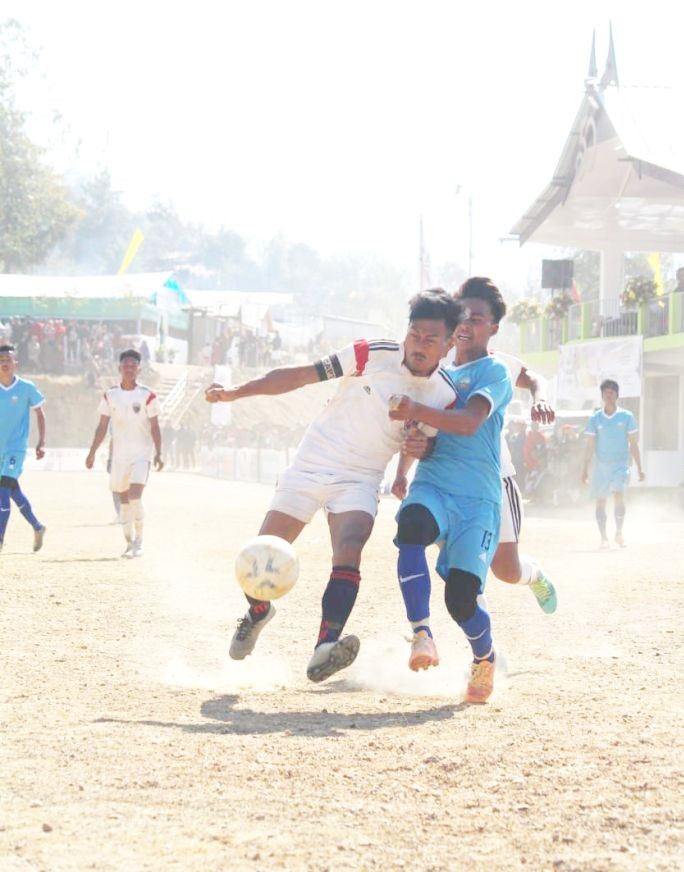 Players of Phusachodu and Rukizu in action during the men’s football semifinal match on February 8.