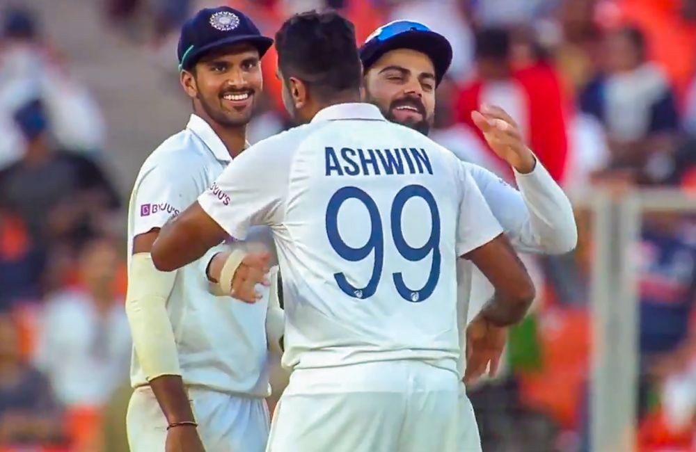 Ahmedabad: Indian bowler R Ashwin being greeted by skipper Virat Kohli on completing 400 test wickets, on the second day of the 3rd cricket test match between India and England, at Narendra Modi Stadium in Ahmedabad, Thursday, Feb. 25, 2021. Ashwin became the fastest Indian bowler to 400 Test wickets. (PTI Photo)