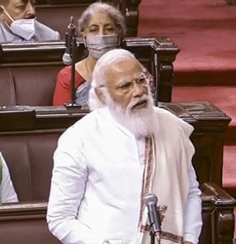 Prime Minister Narendra Modi speaks in the Rajya Sabha during ongoing Budget Session of Parliament, in New Delhi on February 8, 2021. (PTI Photo)