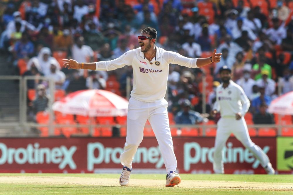 Ahmedabad: Indian cricket team player Akshar Patel celebrates after taking the wicket of England cricket team player Zak Crawley during a test match, in Ahmedabad. (PTI Photo)
