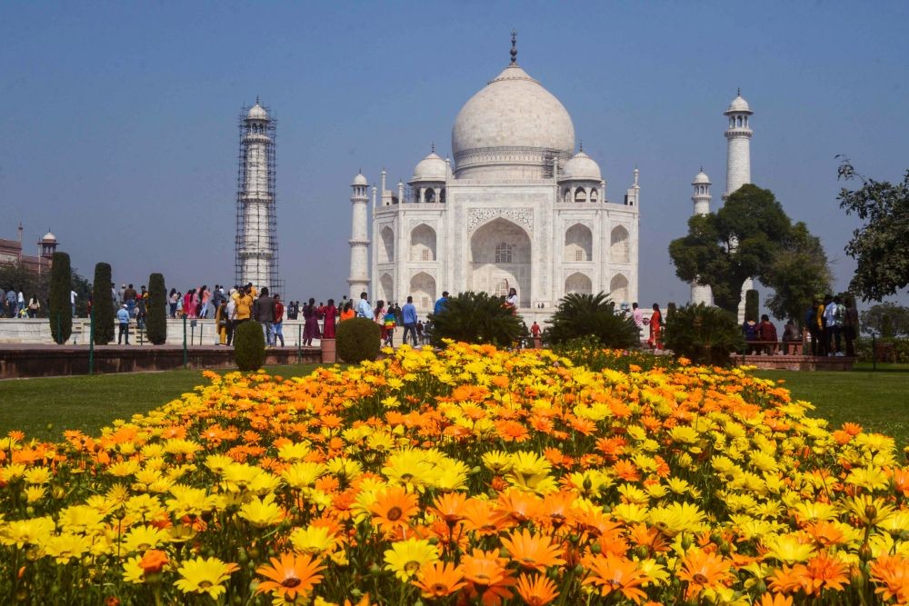 Agra: Flowers bloom under a clear sky in the premises of Taj Mahal as tourists visit the historic monument on Basant Panchami, which marks the arrival of Spring season, in Agra, Monday, Feb. 15, 2021. (PTI Photo)