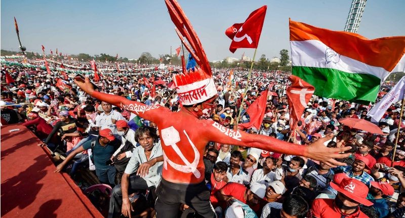 Supporters during a joint rally of Left, Congress and Indian Secular Front (ISF), ahead of West Bengal assembly polls, in Kolkata on February 28. (PTI Photo)