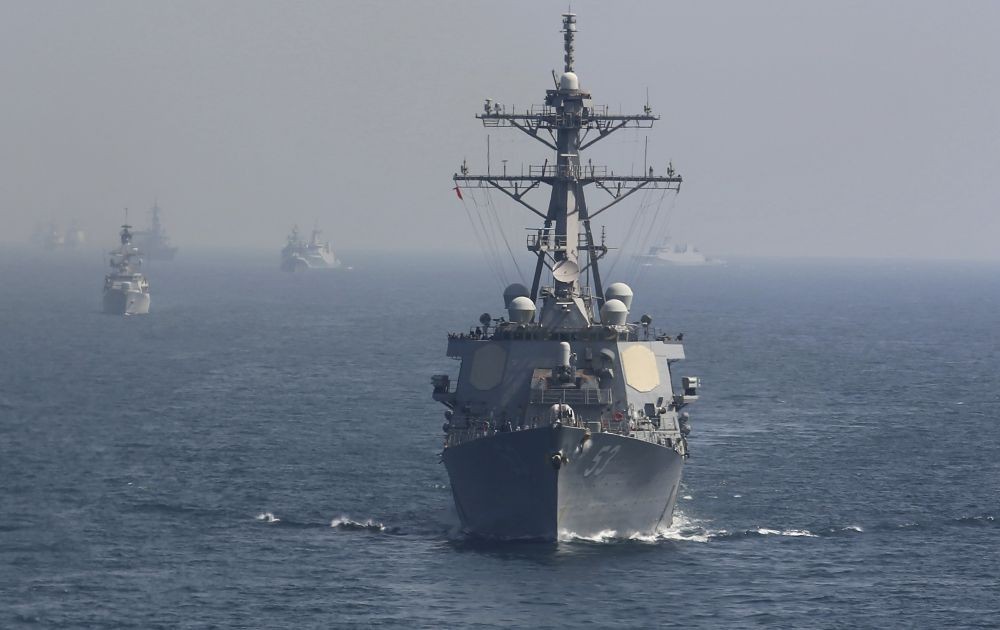Arabian Sea : A warship of the U.S. takes part in the “Aman” or peace exercise in the Arabian Sea, off Karachi, Pakistan, Monday, Feb. 15, 2021. Warships over 40 countries including the United States, Russia, Britain and China are participating a five-day multinational exercise hosted by Pakistan Navy in the Arabian Sea as part of Islamabad's years-long effort to bring security to the area, Pakistan navy said. AP/PTI