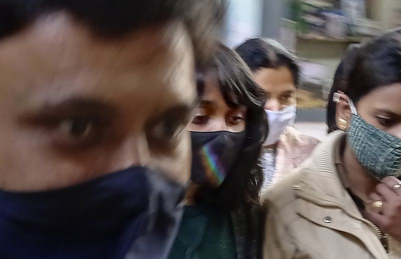 21-year-old activist Disha Ravi being produced at Patiala Court in connection with allegedly being involved in sharing a "toolkit" on social media related to the farmers' protest, in New Delhi on February 22, 2021. Ravi was sent to one day police custody on Monday. (PTI Photo)