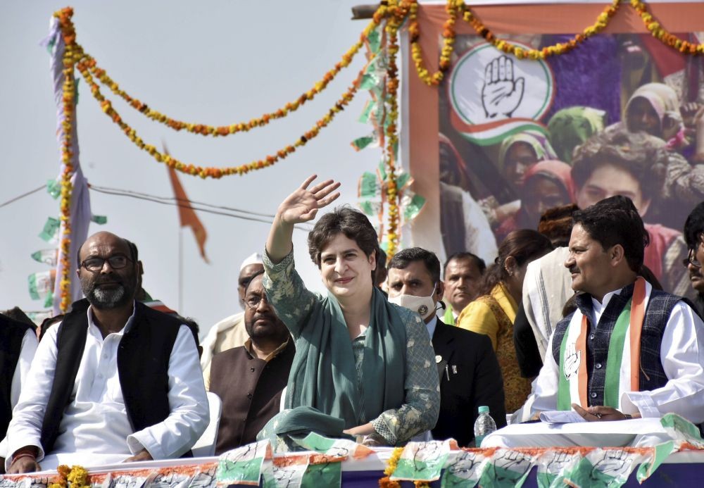 Bijnor: Congress National General Secretary Priyanka Gandhi Vadra during a 'Kisan Mahapanchayat' in support of farmers agitation against the three farm laws, at Chandganj in Bijnor district, Monday, Feb. 15, 2021. (PTI Photo)