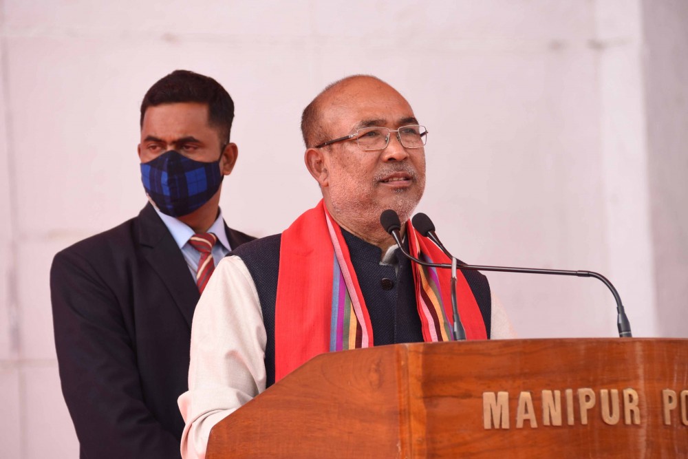 Manipur CM addressing the ‘All communities’ convention for a pledge against illegal poppy plantation’ event on February 25. (NNN Photo) 