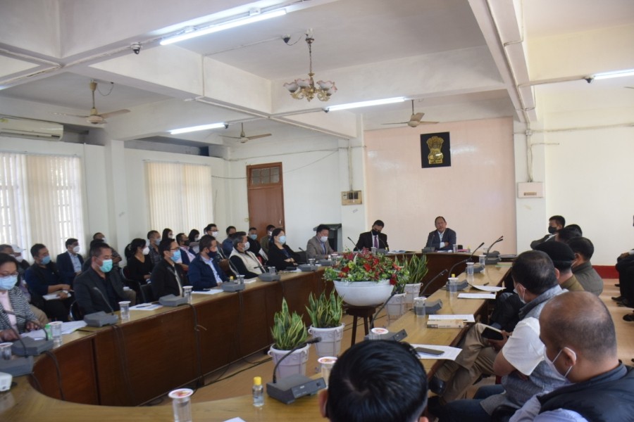 Advisor Zhaleo Rio addressing the monthly DPDB meeting held in the conference hall of DC Dimapur on February 6. (DIPR Photo)