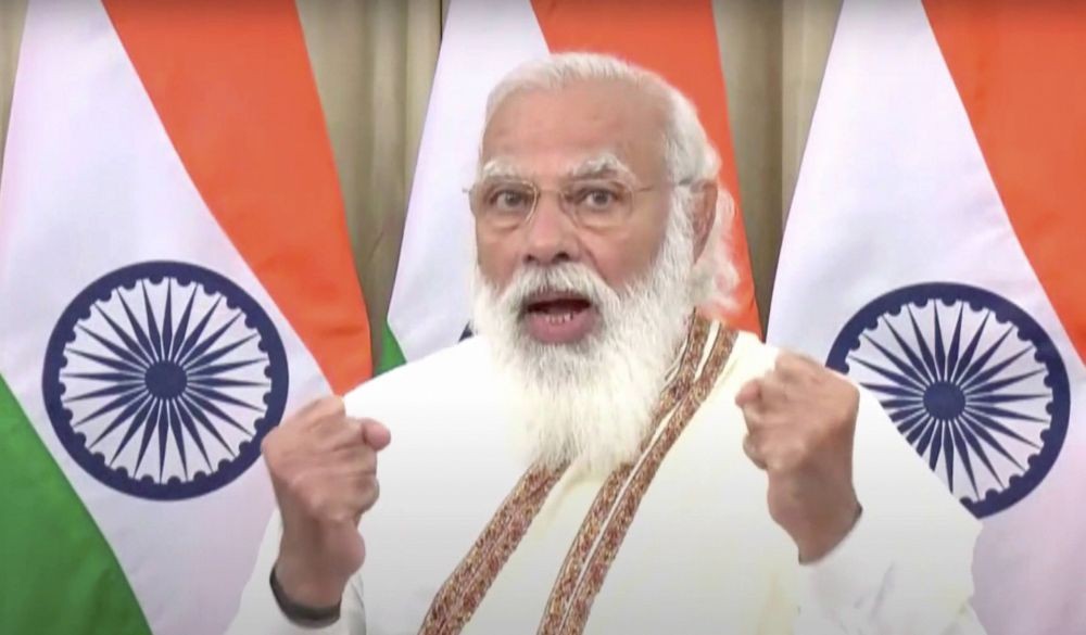 New Delhi: Prime Minister Narendra Modi speaks on Union Budget 2021-22, via video link, in New Delhi, Monday, Feb. 01, 2021. (PTI Photo)