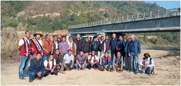 The combined inspection team at the Doyang Bridge construction site in Governor’s Camp,Liphanyan on February 10.