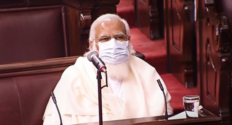 Prime Minister Narendra Modi at Rajya Sabha during the ongoing Budget Session of Parliament, in New Delhi, Wednesday, Feb. 03, 2021. (RSTV/PTI Photo)