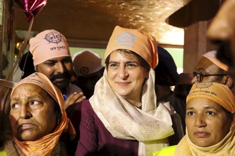 Varanasi: Congress  leader Priyanka Gandhi while paying tribute on the occasion of Ravidas Jayanti, in Varanasi. (PTI Photo)