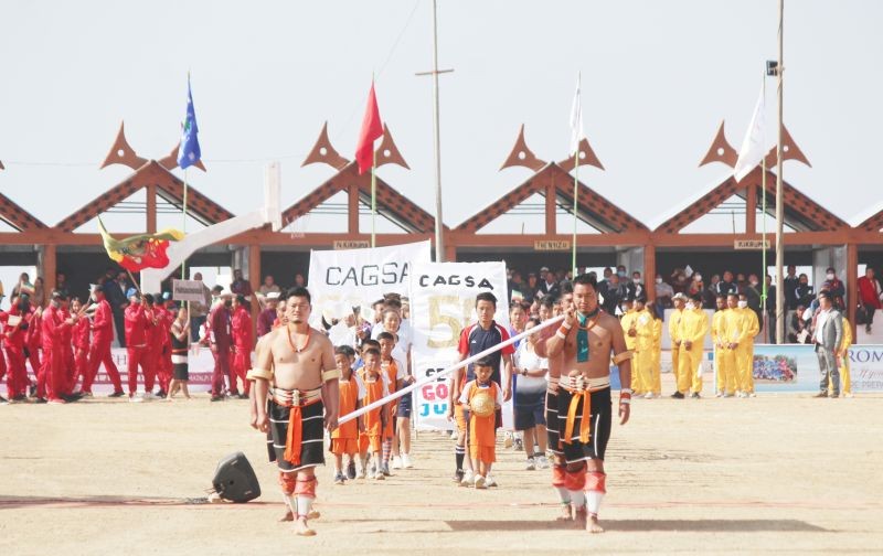 Host team Phüsachodü village leading the mascot of CAGSA’s 50th anniversary meet.