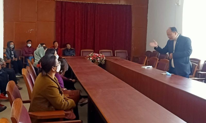 Dr K Akaho Sema, CMO, Zunheboto interacting with the participants of the awareness and sensitization workshop on COVID-19 vaccination for frontline workers of Zunheboto district conducted on February 8. (Photo Courtesy: CMO office Zunheboto)