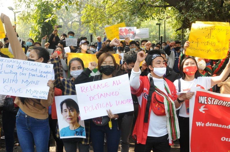 Myanmarese refugees in India participate in a protest against the ousting of Myanmar's elected government and its leader Aung San Suu Kyi, in New Dehi on February 5. (PTI Photo)