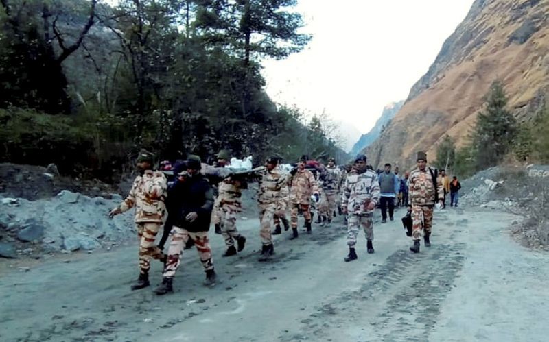 Chamoli: ITBP personnel carry out rescue operations, after a glacier broke off in Joshimath in Uttarakhand’s Chamoli district causing a massive flood in the Dhauli Ganga river, Sunday, Feb. 7, 2021. More than 150 labourers working at the Rishi Ganga power project may have been directly affected. (PTI Photo)