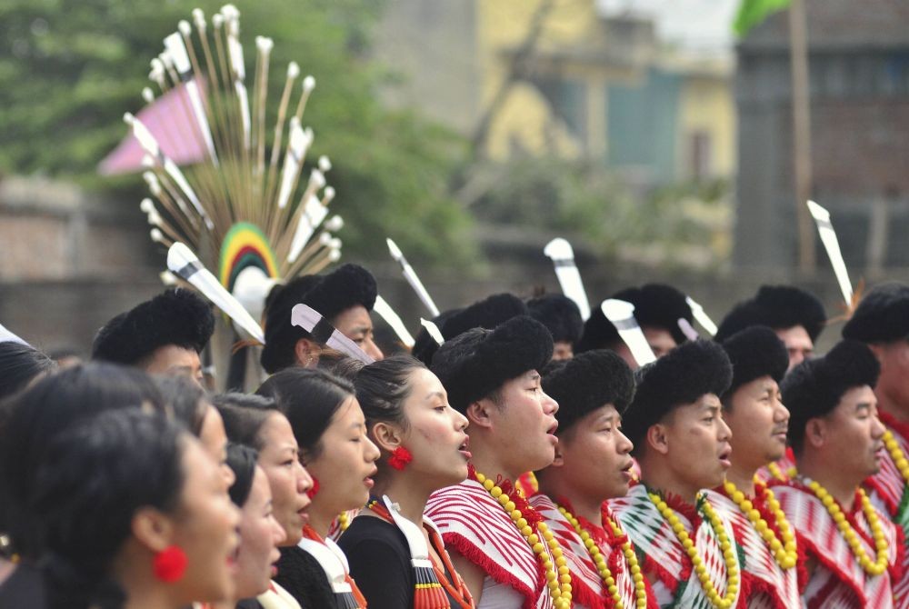 Dimapur: Angami Naga cultural troupe in their traditional attires perform during Sekrenyi festival in Dimapur, Nagaland, Thursday, Feb. 25, 2021.  (PTI Photo)  