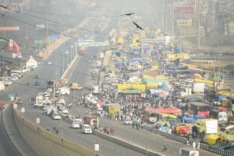 New Delhi: Top view of the site of farmers' ongoing agitation against Centre's farm reform laws, at Ghazipur border in New Delhi, Tuesday, Feb. 2, 2021. (PTI Photo/Vijay Verma)