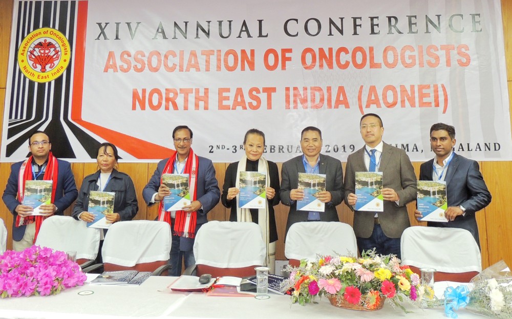 Principal Secretary, Health & Family Welfare, I Himato Zhimomi; AONEI president Dr. AK Kalita, AONEI secretary Dr. Vikas Jagtap, former chief secretary Banuo Z Jamir, principal investigator PBCR, NHAK Dr. V Khamo and others during the release of AONEI newsletter at the 14th annual conference at Hotel Japfü on February 2. (Morung Photo)