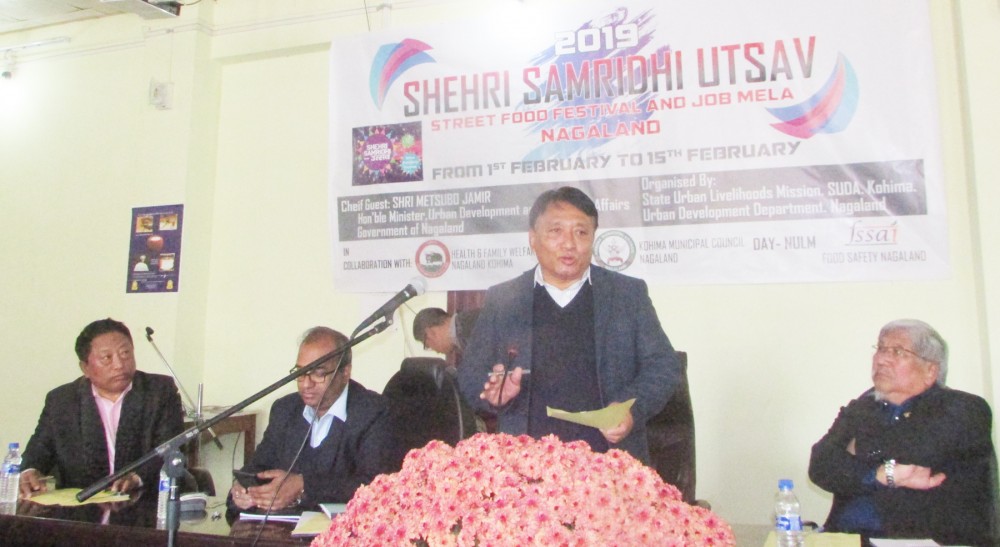 Minister for Urban Development and Municipal Affairs Metsubo Jamir addressing the inaugural function of Shehri Samridhi Utsav in Kohima on February 1. (Morung Photo)