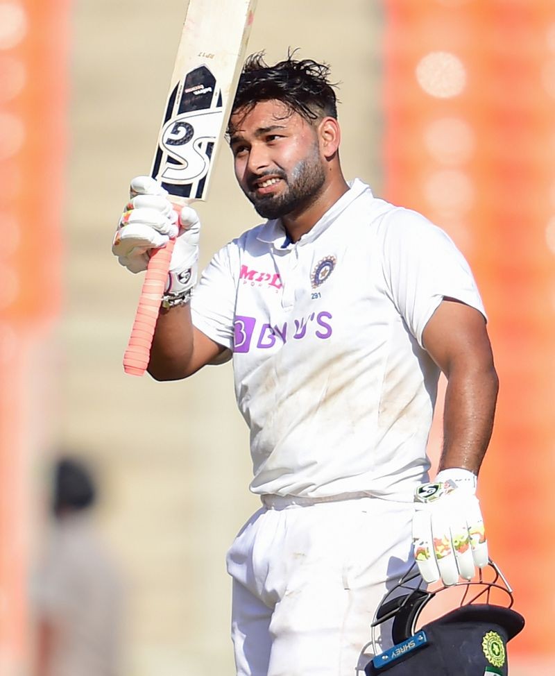 Ahmedabad: Indian batsman R Pant raises his bat after scoring a century, during second day’s play of the 4th and last cricket test match of the series between India and England, at Narendra Modi Stadium in Ahmedabad, Friday, March 5, 2021. (PTI Photo/Kamal Kishore)