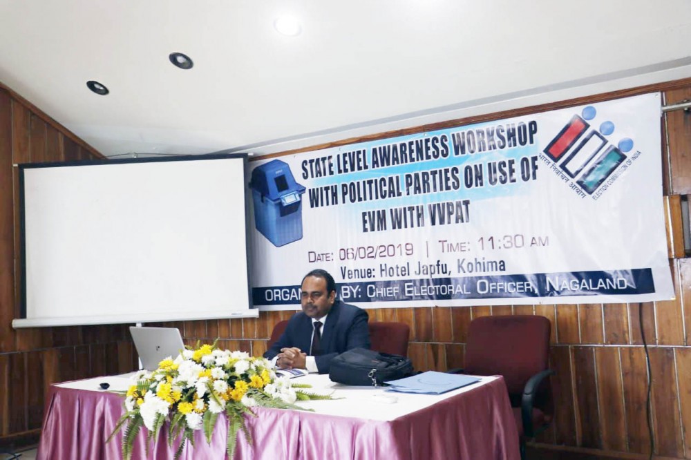 Chief Electoral Officer, Nagaland Abhijit Sinha addressing the workshop held in Kohima on February 6. (Morung Photo)