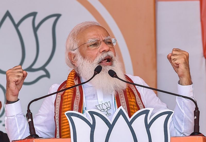 West Midnapore: Prime Minister Narendra Modi addresses an election campaign rally in support of BJP candidates, ahead of State Assembly polls, at BNR Ground, Kharagpur in West Midnapore district, Saturday, March 20, 2021. (PTI Photo/Swapan Mahapatra)
